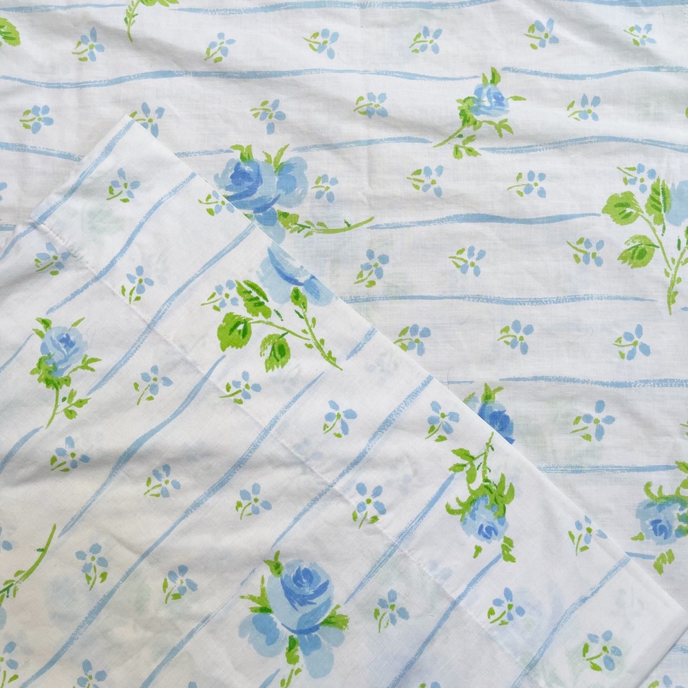 Vintage‎ Lady Pepperell Pillowcase Blue Roses Floral Stripe 70s Boho Cottagecore